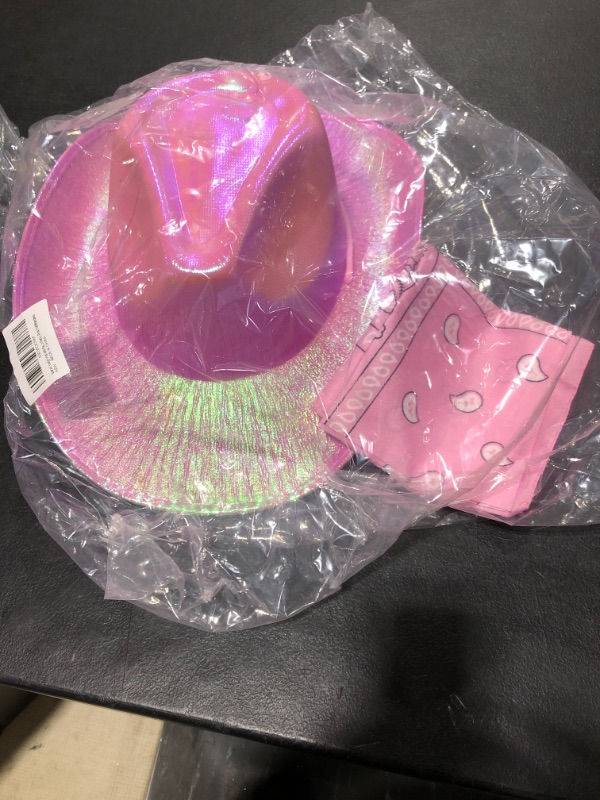 Photo 2 of Holographic Pink Space Cowgirl Hat with  Bandana Metallic Neon Rave Sparkly Women Cowboy Hats Rodeo Party(Hot Pink) 