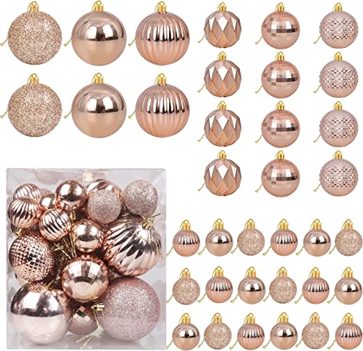 Photo 1 of 36Pcs Rose Gold Christmas Ball Ornaments for Christmas Tree - 9 Style Tree Ornaments Decorations Shatterproof Xmas Hanging Ball - Christmas Decorations for Home, Office
