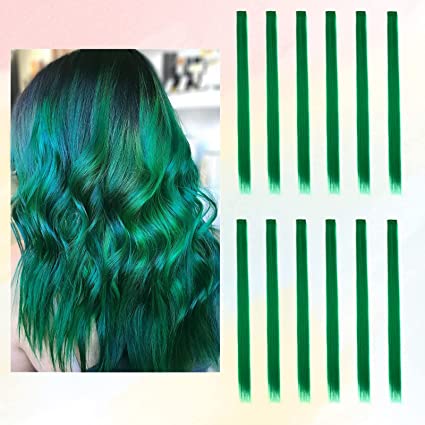 Photo 1 of 12 Pcs Colored Hair Extensions, BARSDAR Clip in 21 inch Green Straight Hair Extensions Multicolor Party Highlights for Kids Women's Gifts
