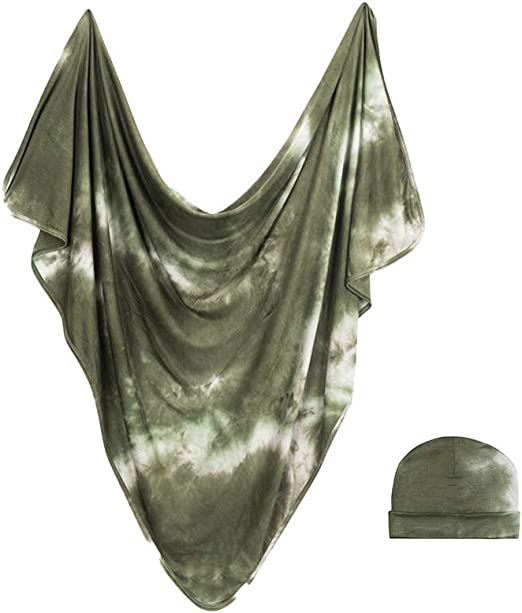 Photo 1 of Bazzle Baby Blanket Set, Baby Girl or Baby Boy Swaddle and Hat Set, 36 x 36 inch Comfortable Newborn Swaddle Set for Newborn Girls and Boys, Olive Tie Dye
