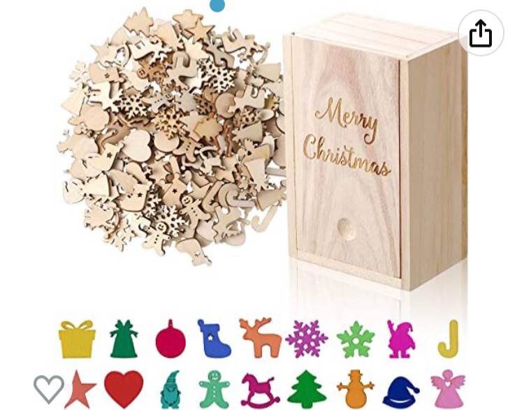 Photo 1 of 00 Pcs Unfinished Mini Wooden Ornaments Christmas DIY Mini Wood Cutouts with Storage Box for Crafts, 18 Styles Mini Wood Shapes for Christmas Tree Hanging Crafts Home Decoration