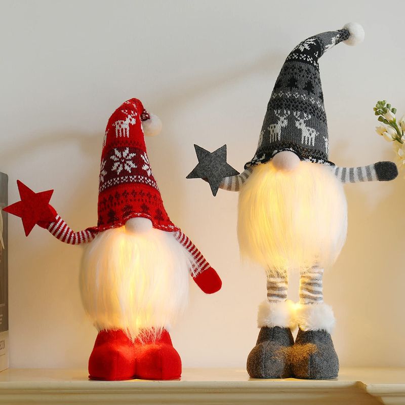 Photo 1 of 2 Pcs Lighted Standing Gnome Tree Christmas Decoration, Prelit Christmas Tree Tabletop Ornament Sitting Gnome for Holiday Winter Party Home Table Decor