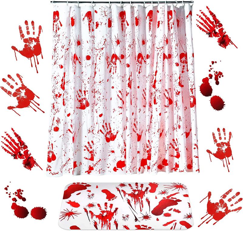 Photo 1 of 9 Pieces Halloween Bloody DIY Decorations Set Bloody Handprint Shower Curtains Footprint Floor mat Bloody Garland Banner Wall Stickers for Halloween Scary Theme Party Decorations Bathroom Decor