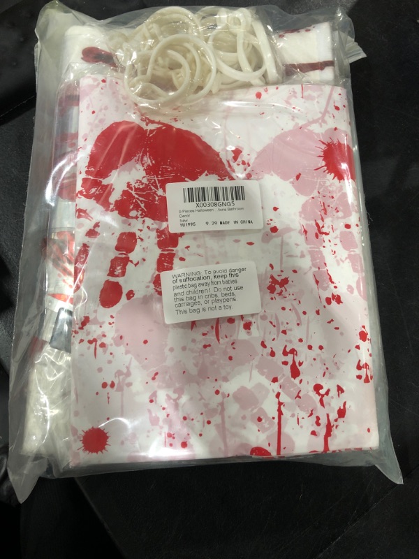 Photo 1 of 9 Pieces Halloween Bloody DIY Decorations Set Bloody Handprint Shower Curtains Footprint Floor mat Bloody Garland Banner Wall Stickers for Halloween Scary Theme Party Decorations Bathroom Decor