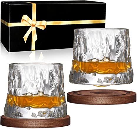 Photo 1 of BOLESTA Whiskey Glasses Set of 2, Rotatable Tumbler Crystal Glass Cups, Drinking Glasses with 2Pcs Creative Walnut Coasters and Gift Box - for Scotch,Bourbon,Cocktails
