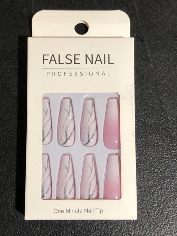 Photo 2 of 24Pcs Press on Nails Long - Fake Nails Acrylic Ballet French Nails White Marble Design with Nails Glue for Women and Girls (1726 pink)