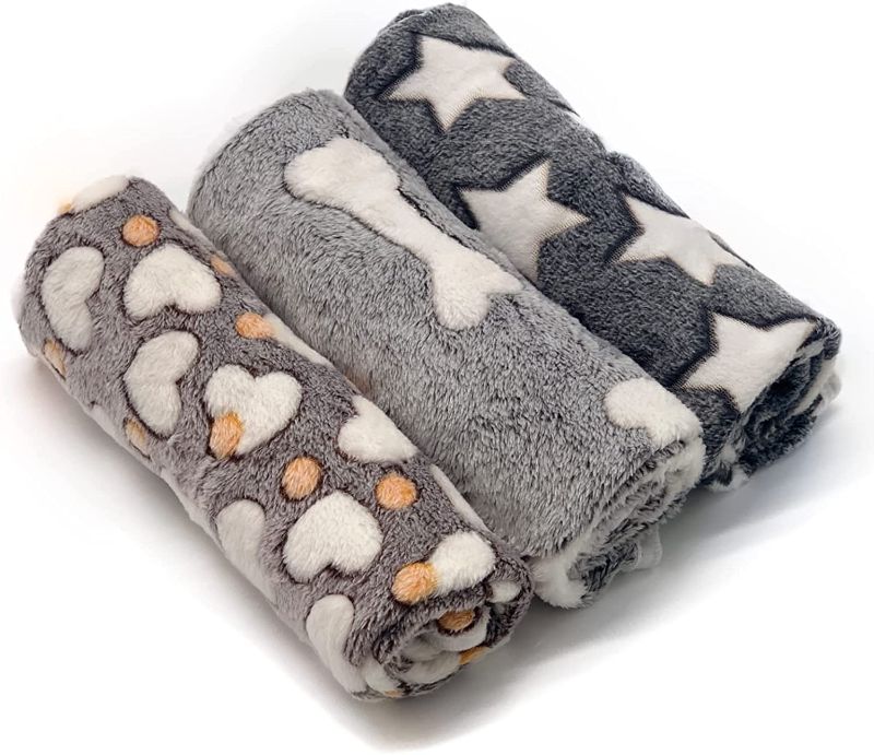 Photo 1 of 1 Pack 3 Puppy Blankets Super Soft Warm Sleep Mat Grey Cute Print Blanket Fluffy Fleece Pet Blanket Flannel Throw Dog Blankets for Small Dogs Puppy Dogs Fluffy Cats,Star&Bone&Love-Large(40"x30")
