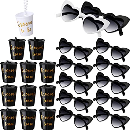 Photo 1 of 24 Pcs Bachelor Party Favors Includes 12 Bachelorette Shot Glass Necklaces 12 Heart Sunglasses, Bachelorette Sunglasses Plastic Beaded Party Necklaces Bachelor Party Decorations for Men, White, Black
