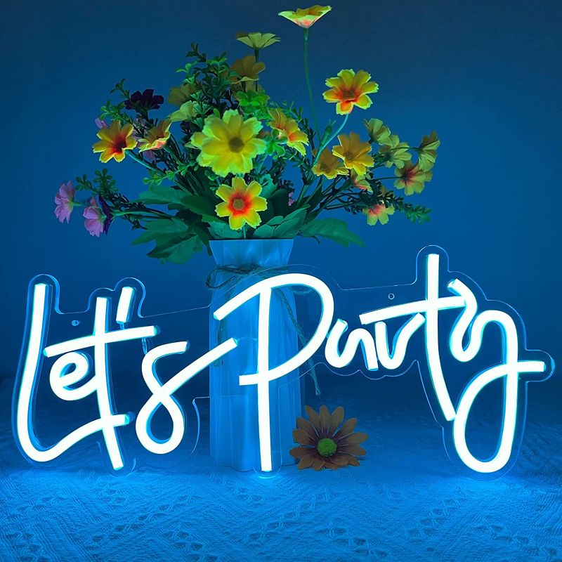 Photo 1 of Let's Party Neon Sign, LED Neon Lights for Bedroom Wall Decor, Art Decorative Lights for Bachelorette Party, Engagement Party, Birthday Party,Wedding Party, Living Room, Gamer Room Decor Aesthetic (Blue)
