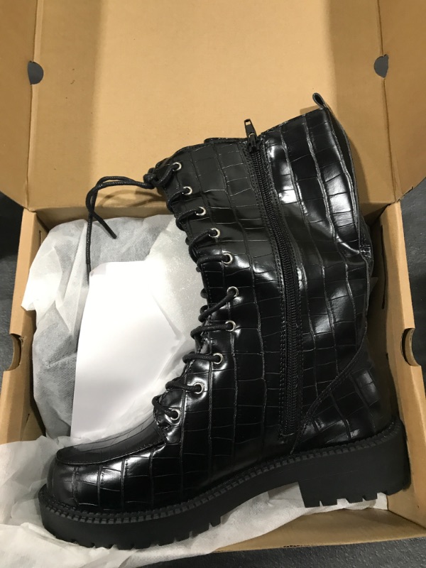 Photo 2 of Coutgo Womens Mid Calf Lace Up Boots Lug Sole Closed Toe Side Zipper Military Winter Combat Boot 6.5