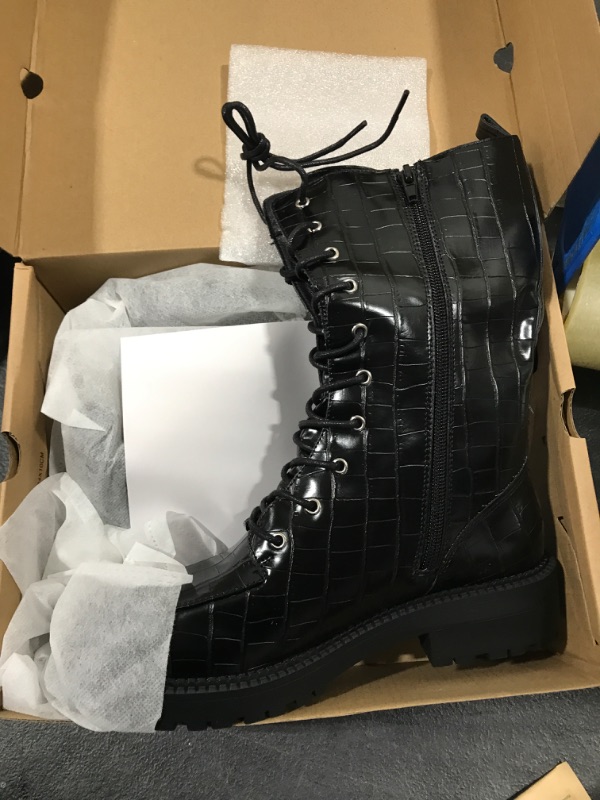 Photo 2 of Coutgo Womens Mid Calf Lace Up Boots Lug Sole Closed Toe Side Zipper Military Winter Combat Boot 7