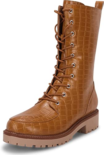 Photo 1 of Coutgo Womens Mid Calf Lace Up Boots Lug Sole Closed Toe Side Zipper Military Winter Combat Boot 8.5