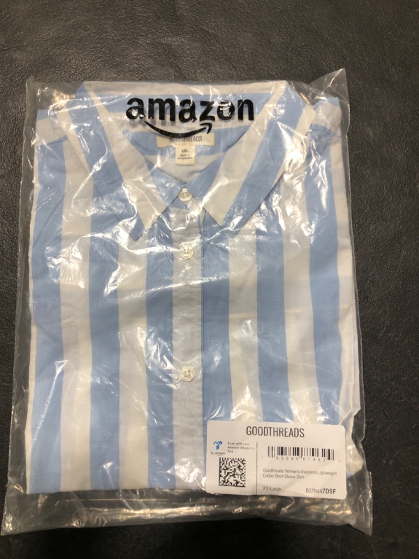 Photo 2 of Amazon Brand - Goodthreads Women's Oversized Lightweight Cotton Short-Sleeve Shirt XX-Large Blue/White, Wide Stripe