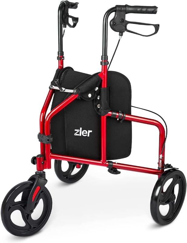 Photo 1 of Zler 3 Wheel Walker for Seniors, Lightweight Aluminum Folding 10'' Three Wheel Rollator Walker with Height Adjustable Handles and Storage Bag Red
