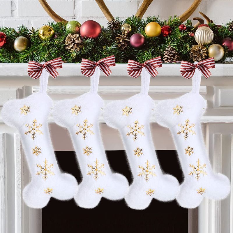 Photo 1 of 4 Pcs Plush PET Dog Christmas Stocking Sequin Snowflake Christmas Stockings Snowy White Christmas PET Stockings Bone Shape Christmas Stockings for Pets Dogs Cats Hanging Ornaments (Gold Snowflakes) 