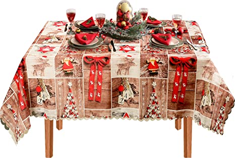 Photo 1 of YHomU Christmas Tablecloth, Christmas Table Cloth Rectangular Table Runner 150"x180"CM, Anti Fouled Dinner Tablecloth Cover Decor for Home Kitchen Dinner Party (Red) 