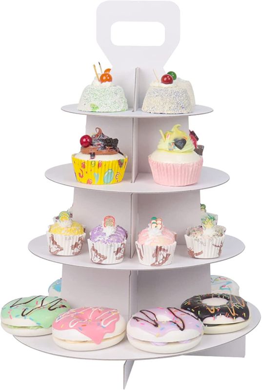 Photo 1 of 4 Tier Cupcake Stand (Set of 4), Reusable White Cardboard Cupcake Dessert Display Tower, Tiered Cupcakes Tray for Afternoon Tea Party Birthday Wedding Baby Shower
