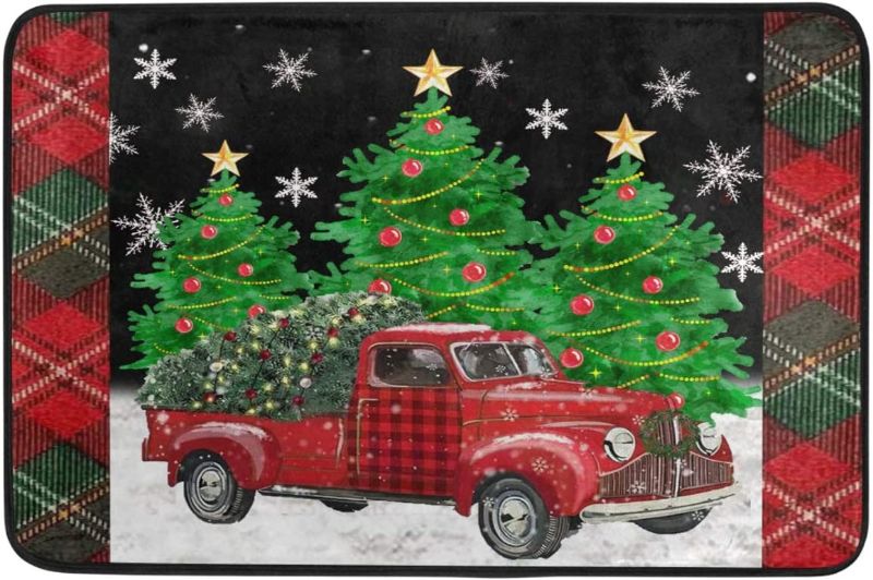 Photo 1 of  Pfrewn Merry Christmas Tree Red Truck Door Mats Snowflake Red Buffalo Plaid Floor Mat Indoor Outdoor Entrance Bathroom Doormat Non Slip Washable Winter Welcome Mats Home Xmas Decor 23.6 x 15.7 inch 