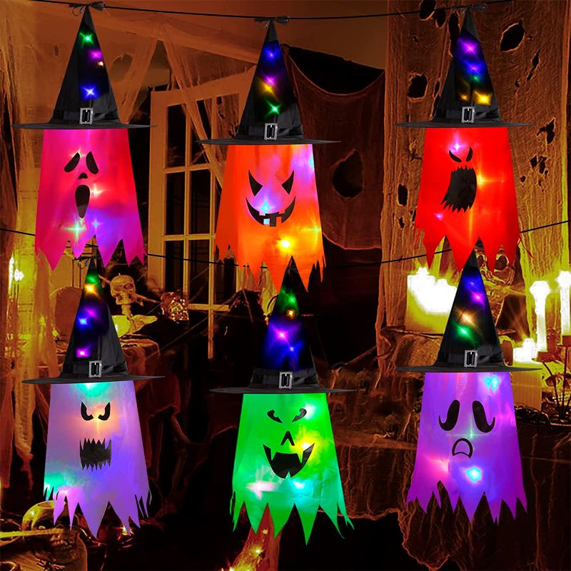 Photo 1 of  DIYASY Halloween Hanging Witch Hat Lights, Light Up Witch Hats Glowing Ghost Hat Lighted Outdoor Decorations for Yard Tree 6 Pack
