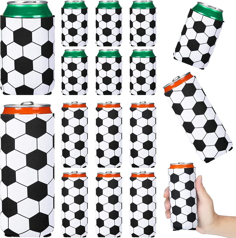 Photo 1 of 12 Pieces Soccer Beer Can Sleeves Reusable Beer Bottle Cup 12 oz Slim Can Cooler Sleeve Insulator for Beverages Sports Fan Gift Soccer Theme Party Supplies, 4 x 5 Inch, 3 x 6 Inch (Soccer)