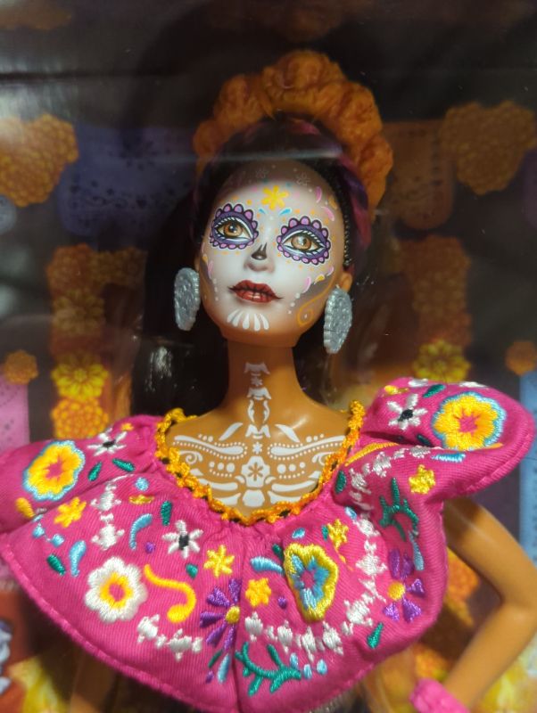 Photo 4 of Barbie 2021 Dia De Muertos Doll (11.5-in) Wearing Traditional Embroidered Dress, Flower Crown & Calavera Face Paint, Gift for Collectors