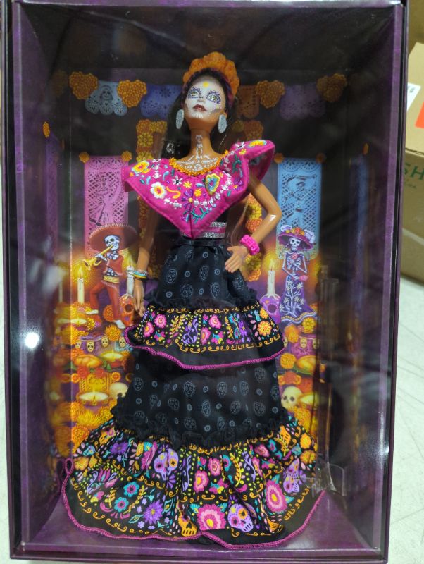 Photo 3 of Barbie 2021 Dia De Muertos Doll (11.5-in) Wearing Traditional Embroidered Dress, Flower Crown & Calavera Face Paint, Gift for Collectors