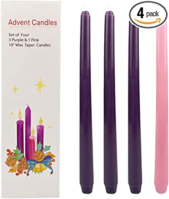 Photo 1 of 10 Inch Taper Candle Set of 4 with 3 Purple and 1 Pink Unscented for Home Décor, Seasonal Church Celebration, Wedding, Emergency Candle & More
