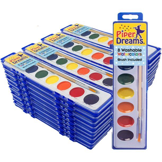 Photo 1 of 22 Pack - Watercolor Paint Sets for Kids - Quality Wood Brush - Washable - Nontoxic - 8 Vibrant Colors - Closable Lid - School or Party Bulk Pack