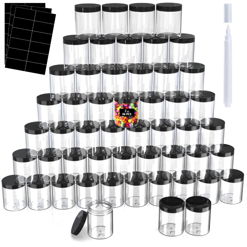 Photo 1 of OptusStore Clear Plastic Jars with Lids 8 oz, for Storing Slime, Ointments, Cosmetics, Bath, Kitchen and Household Products, Multipurpose BPA Free, Pack of 36 8.0 ounces Round 36 8OZPO36