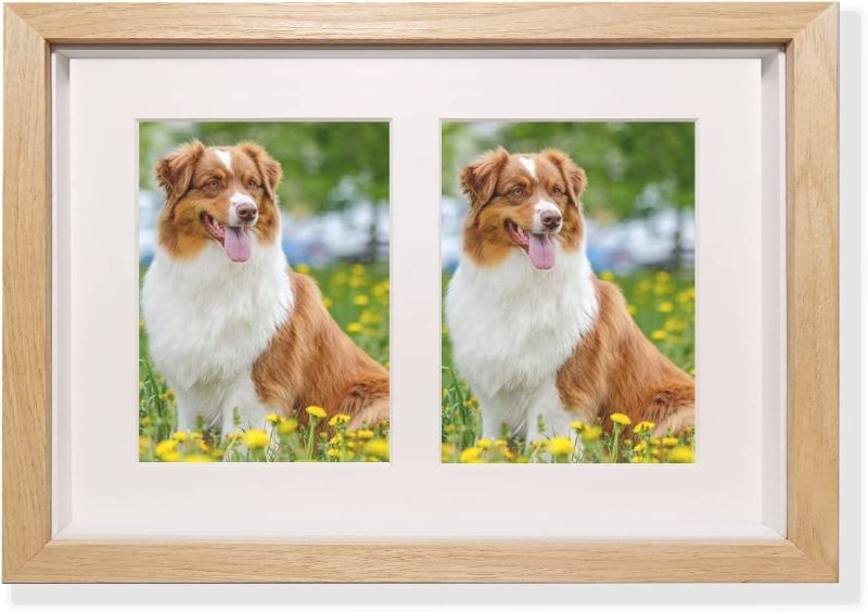 Photo 1 of 11x9 Pictures Frame Collage One White Mat for Two 4x6 Inch Photos, Made of Solid Wood and HD Plexiglass, Horizontal and Vertical Formats for Wall and Table Mounting, Gift for Pet Lovers and Memorials, Nature wood 