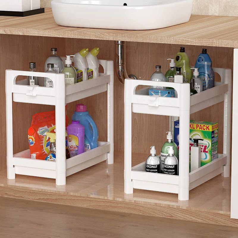 Photo 1 of 2 Pack Under Sink Organizer, SOYO 2-Tier Bathroom Cabinet Under Shelf Storage Standing Rack Organization, Kitchen Collection Baskets with Handle Hooks for Office Laundry Spice Countertop, White 