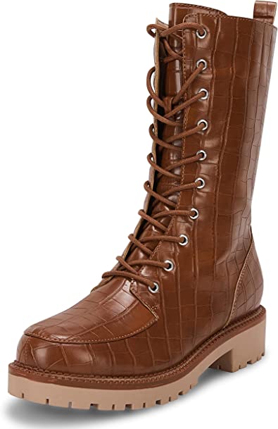 Photo 1 of Coutgo Women's size 8 Mid Calf Lace Up Boots Lug Sole Closed Toe Side Zipper Military Winter Combat Boot 