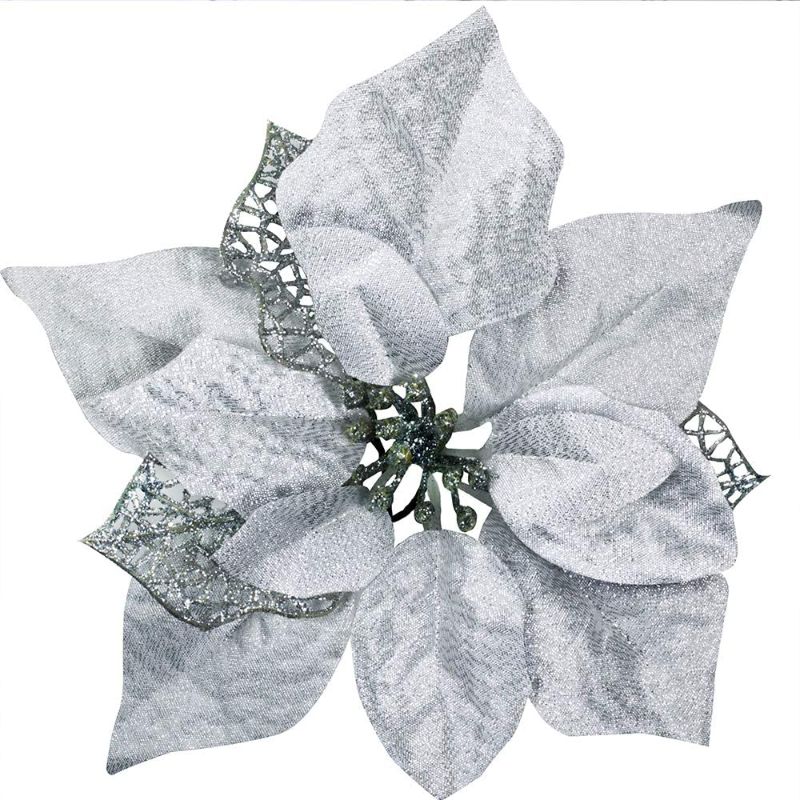 Photo 1 of 103 total pieces (pack of 5) Set 8.7" Wide Christmas Silver Glitter Poinsettia Flowers Picks Christmas Tree Ornaments for White Silver Christmas Tree Wreaths Garland Holiday Seasonal Wedding Decor White Gift Box Included 