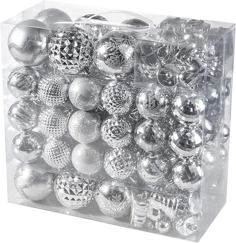 Photo 1 of 116Pcs Assorted Christmas Ornaments Set, Christmas Ornaments Balls, Shatterproof Christmas Balls Hanging for Christmas Tree with Portable Gift Box Packaging (Silver) 