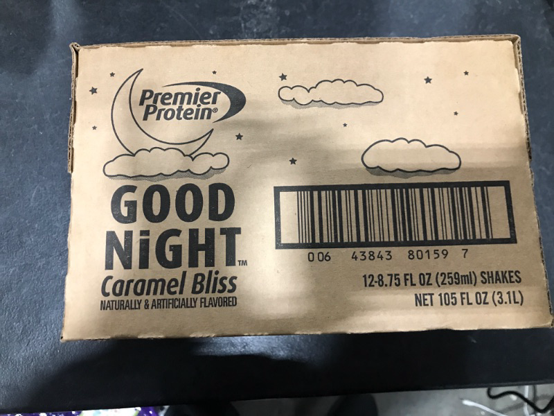 Photo 2 of EXP- DEC/03/2023
Premier Protein Good Night Protein Shake, Caramel Bliss, 10g Protein, 2g Sugar, 12 Vitamins & Minerals, Nighttime Protein Blend, Magnesium, Zinc, 8.75 fl oz, 12 Pack Caramel Bliss 8.75 fl oz, 12 Pack