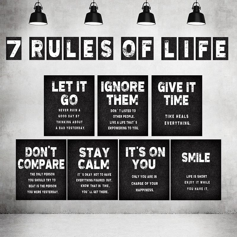 Photo 1 of 19 Pcs 7 Rules of Life Motivational Poster Set Rules of Life Wall Art Poster Life Rules Wall Decor Poster Classroom Inspirational Positive Poster for School Student Office Worker Home Room Wall Decor
