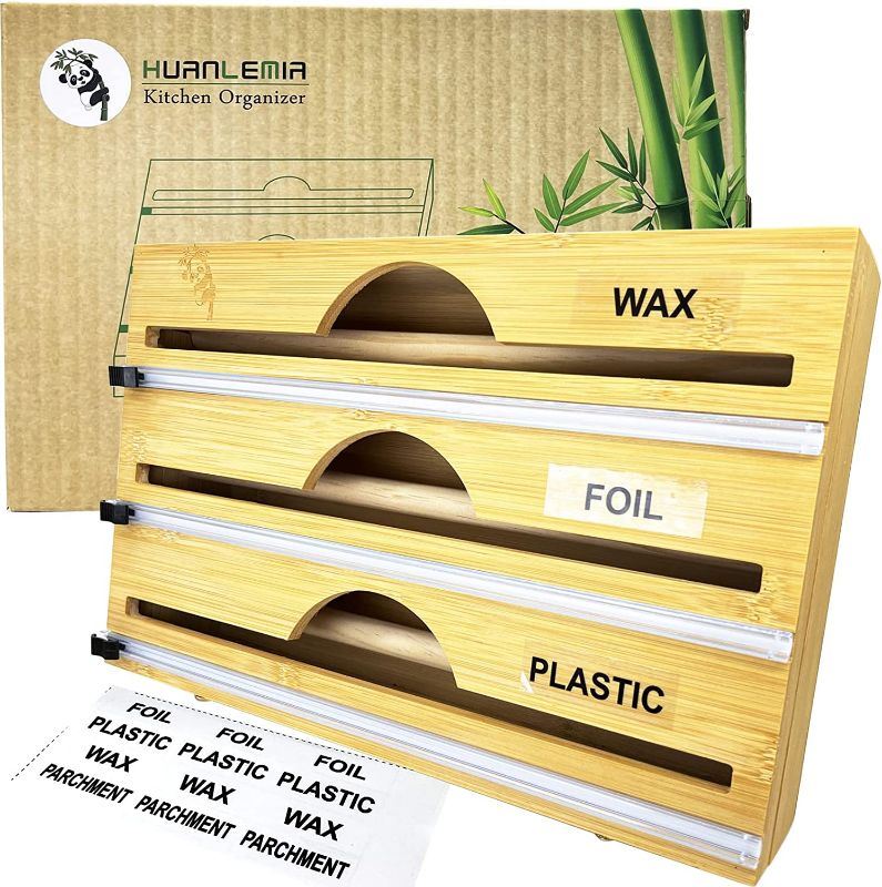 Photo 1 of 3 in 1 Plastic Wrap Organizer for drawer, Built-in Roller, Plastic Wrap, Aluminum Foil and Wax Paper Dispenser with Cutter and Labels, Tin Foil Organizer Bamboo Roll Organizer Holder,Fit 12" Roll
