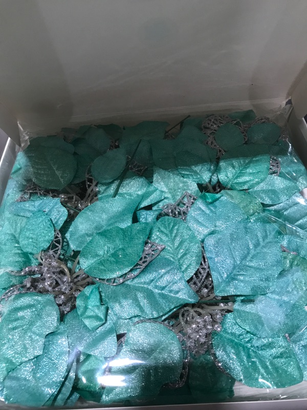 Photo 1 of 20 Set 8.7" Wide 3 Layers Christmas Teal Glitter Poinsettia Flowers Picks Christmas Tree Ornaments for Teal Christmas Tree Wreath Garland Seasonal Holiday Navidad Wedding Decorations Gift Box Included 