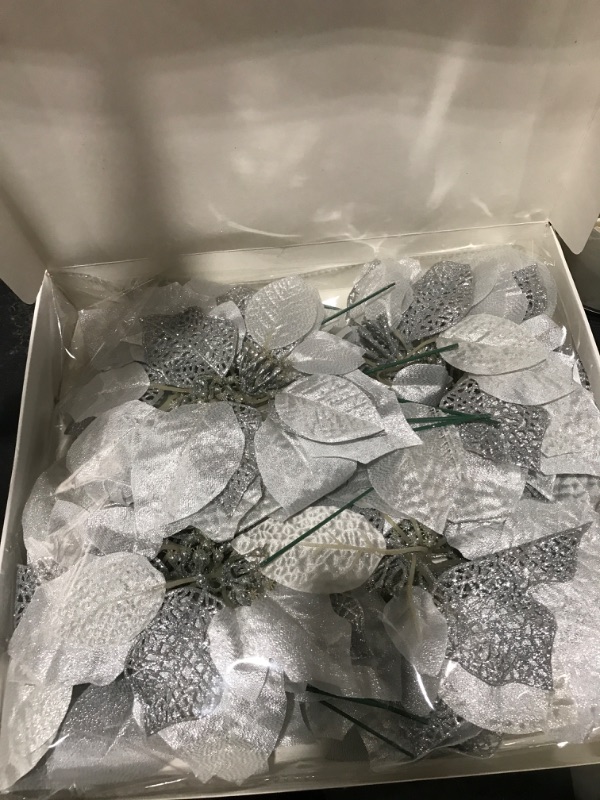 Photo 2 of 20 Set 8.7" Wide Christmas Silver Glitter Poinsettia Flowers Picks Christmas Tree Ornaments for White Silver Christmas Tree Wreaths Garland Holiday Seasonal Wedding Decor White Gift Box Included