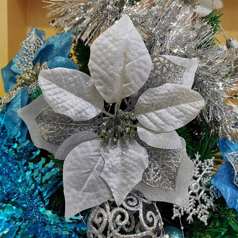 Photo 1 of 20 Set 8.7" Wide Christmas Silver Glitter Poinsettia Flowers Picks Christmas Tree Ornaments for White Silver Christmas Tree Wreaths Garland Holiday Seasonal Wedding Decor White Gift Box Included