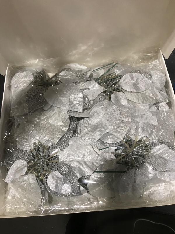 Photo 2 of 20 Set 8.7" Wide Christmas Silver Glitter Poinsettia Flowers Picks Christmas Tree Ornaments for White Silver Christmas Tree Wreaths Garland Holiday Seasonal Wedding Decor White Gift Box Included 