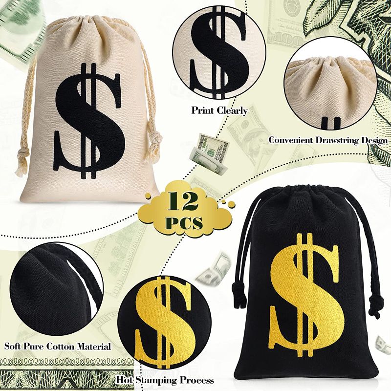 Photo 1 of 12 Pcs 9 x 6.3 Inches Canvas Money Bag with Drawstring Closure Costume Money Bag Pouch Dollar Sign Carrying Sack Prop for Toy Party favor Bank Robber Pirate Cowboy Cosplay Theme Party (Classic Style)