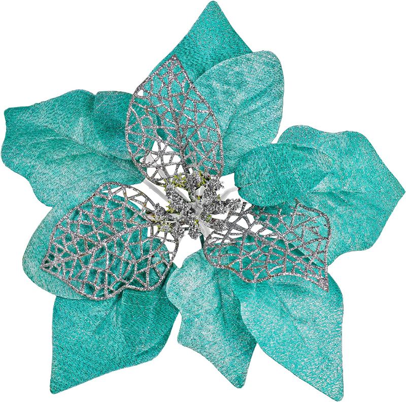 Photo 1 of 20 Set 8.7" Wide 3 Layers Christmas Teal Glitter Poinsettia Flowers Picks Christmas Tree Ornaments for Teal Christmas Tree Wreath Garland Seasonal Holiday Navidad Wedding Decorations Gift Box Included 