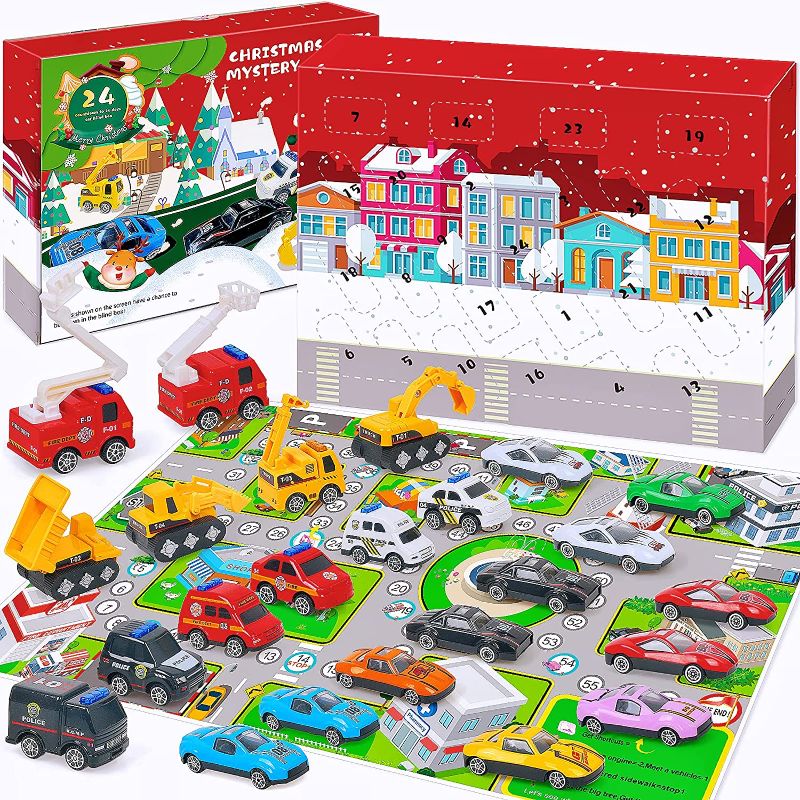 Photo 2 of 2022 Advent Calendar for Kids, 24 Surprises Vehicles Countdown Calendar, Christmas Calendar Gifts for Boys Girls with 2 Play Mats Countdown Collectible Miniature Vehicle Toys for 3-12 Year Old Boys 