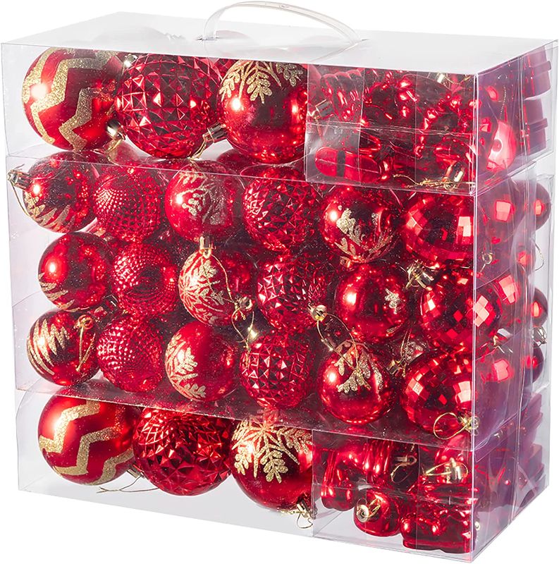 Photo 1 of 116Pcs Assorted Christmas Ornaments Set, Christmas Ornaments Balls, Shatterproof Christmas Balls Hanging for Christmas Tree with Portable Gift Box Packaging (Red) 