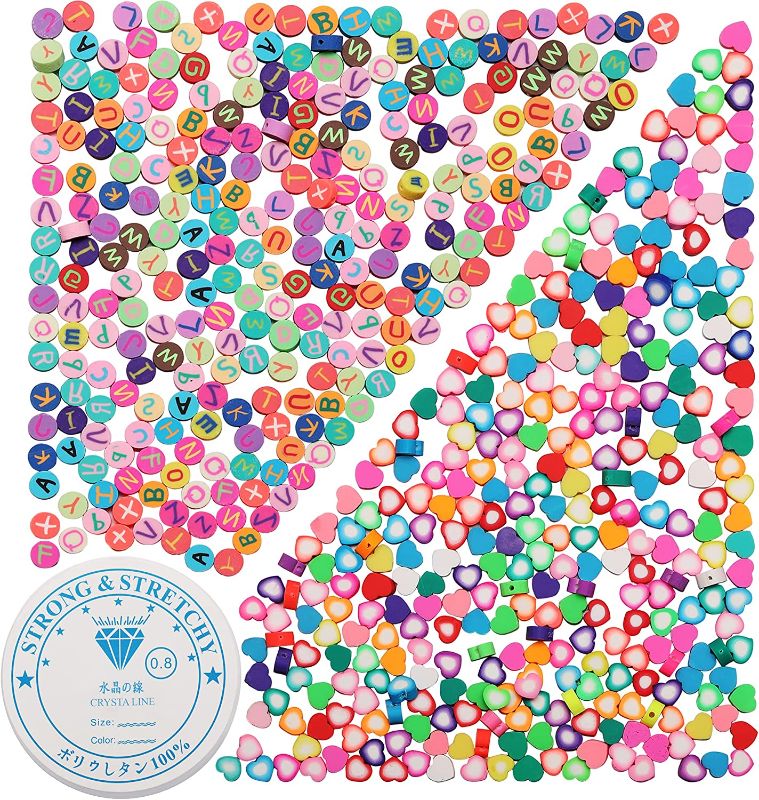Photo 1 of 600PCS Polymer Clay Beads for DIY Jewelry Bracelet Earring Necklace Hair Accessories Making Craft Handmade, 300 Letter 300 Love Heart Shape Heishi Beads Colorful, 9-10mm Diameter 4-6mm Thickness 