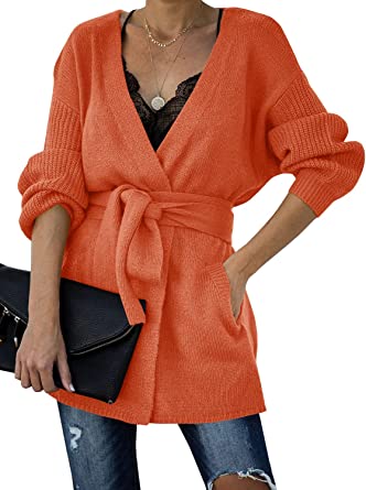 Photo 1 of Auburet Womens Wrap Tie Waist Cardigan Sweater Lightweight Oversized Long Sleeve Open Front Knitted Coat with Pockets 