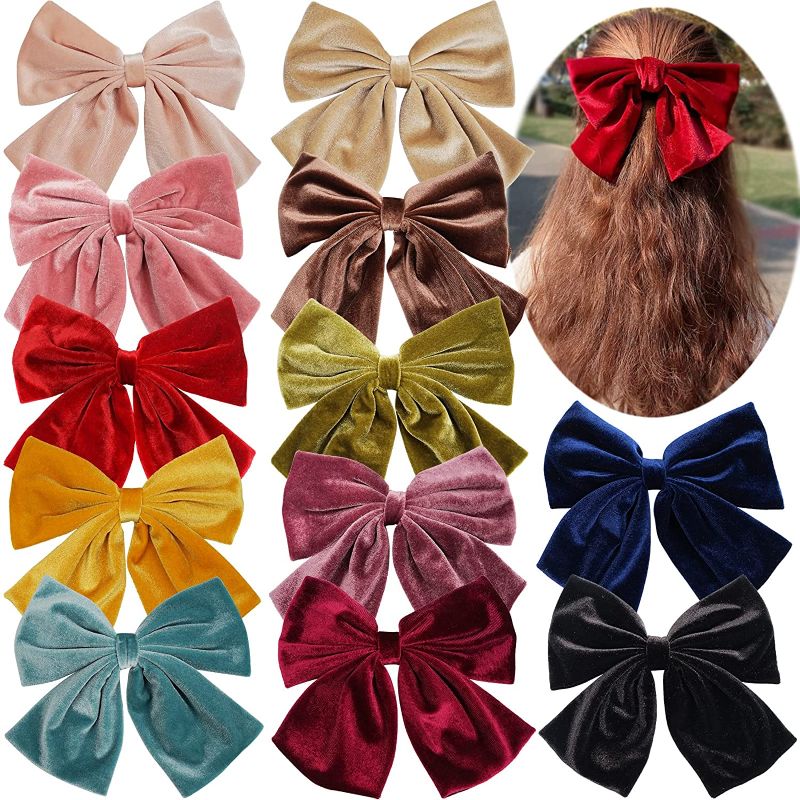 Photo 1 of 12 Pack Velvet Hair Bows Clips Girls 8Inch Big Large Velvet Bows French Hair Barrettes Vintage Accessories for Teens Girls Women 