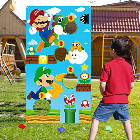 Photo 1 of Wario Toss Game Themed with 4 Bean Bags Fun Throwing Game Banner Backdrop Kit Party Supplies Kit Great Themed Party Activity Carnival Favors Group Sports