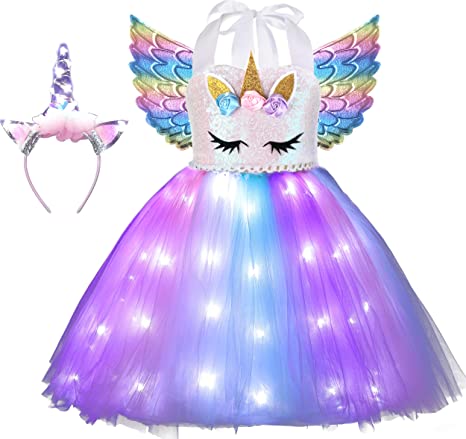 Photo 1 of  Girls Unicorn Costume LED Light Up Unicorn Princess Dress Birthday Party Outfit Halloween Tutu Dress with Headband  / PACKAGING IS DIRTY